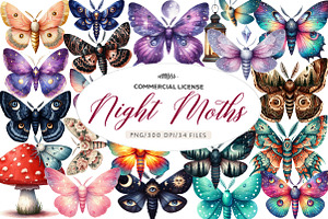 Watercolor  Night Moths Clipart, an Illustration by CreationArt