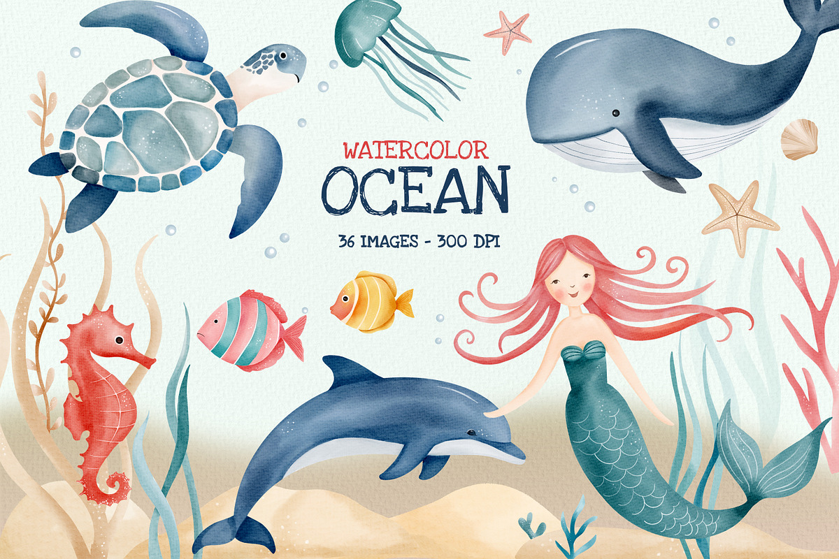 Watercolor Ocean Clipart. Sea Life, an Illustration by Hanna's ArtLab (Photo 1 of 4)