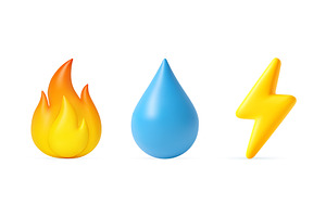 3D icons of fire, water drop, and, an Object Illustration by ModVector