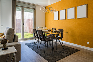 Stylish contemporary living room containing apartment, architecture, and