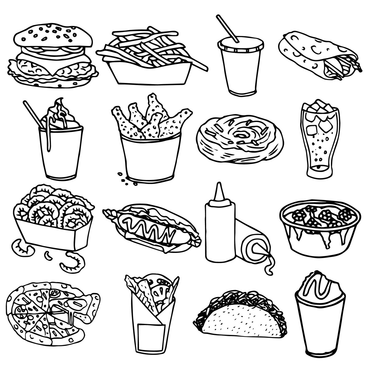 Fast food menu icons set, an Outline Icon by Macrovector