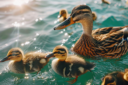 Duck and ducklings swimming into the pond, an Animal Photo by AlyaAnd