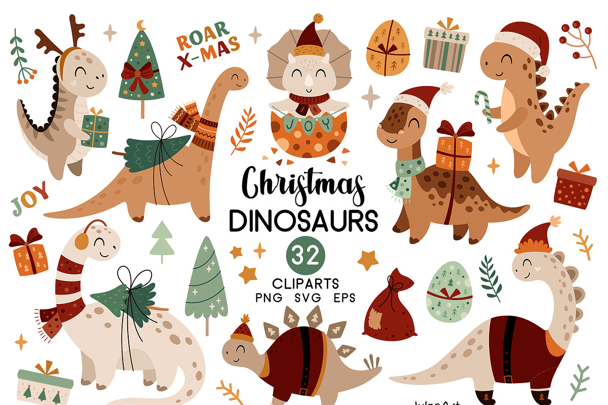 Dinosaur Christmas clipart, an Animal Illustration by JulzaArt (Photo 1 of 6)