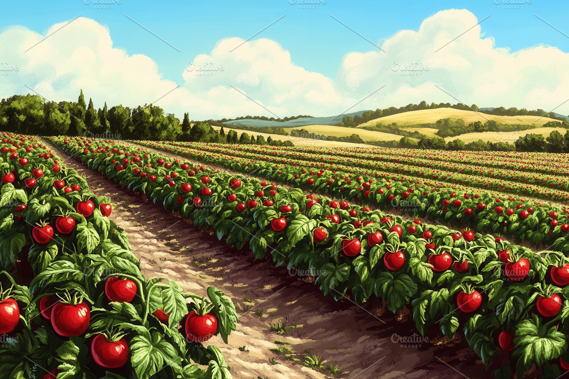 A thriving tomato field with rows, a Photo by Pavel_design