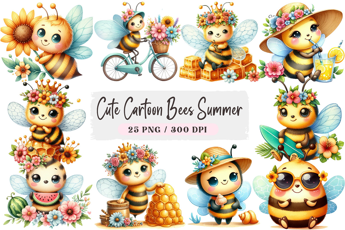Cute Cartoon Bees Summer Clipart, an Illustration by DreamArtGraphic (Photo 1 of 4)