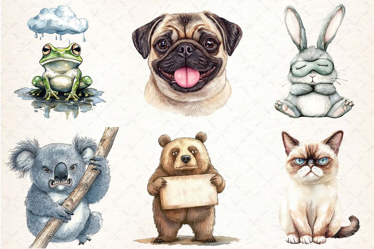 Watercolor Grumpy Animals Clipart, an Illustration by Libby Wishes (Photo 6 of 6)