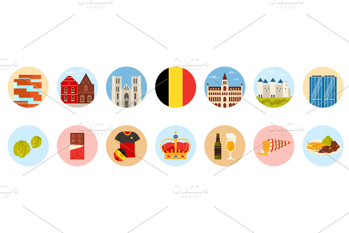 Travel to Belgium set of round, a Food Illustration by Flashvector