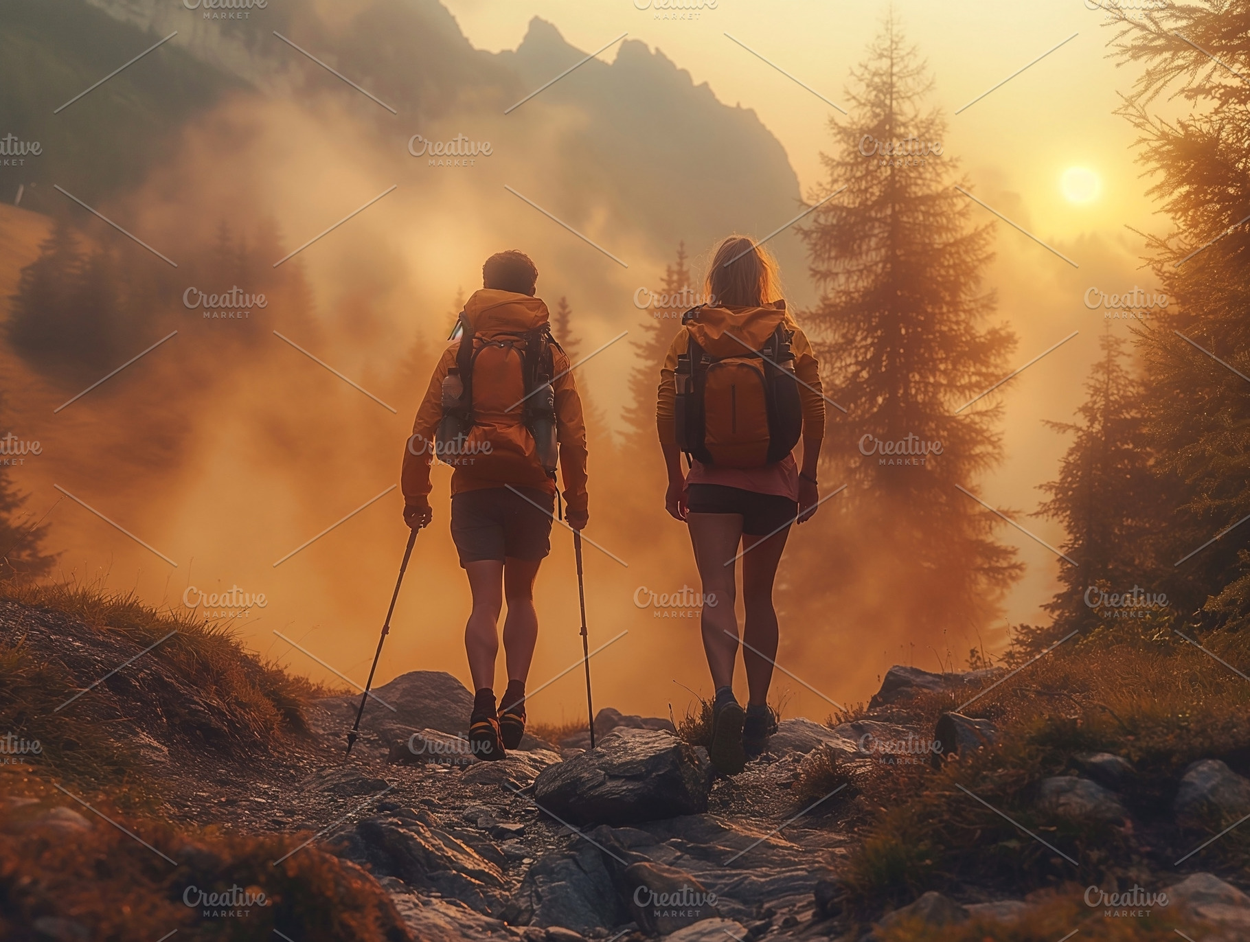 Two hikers, a man and a woman, explore a misty mountain trail at sunset, surrou, a Person Photo by ImageMir