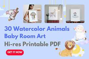 30 Watercolor Animals Baby Room Art, a Poster Template by Image for Sale