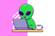 Cute Alien Working On Laptop Cartoon, a Work Illustration by Artstorystudio (Thumbnail 2 of 3)