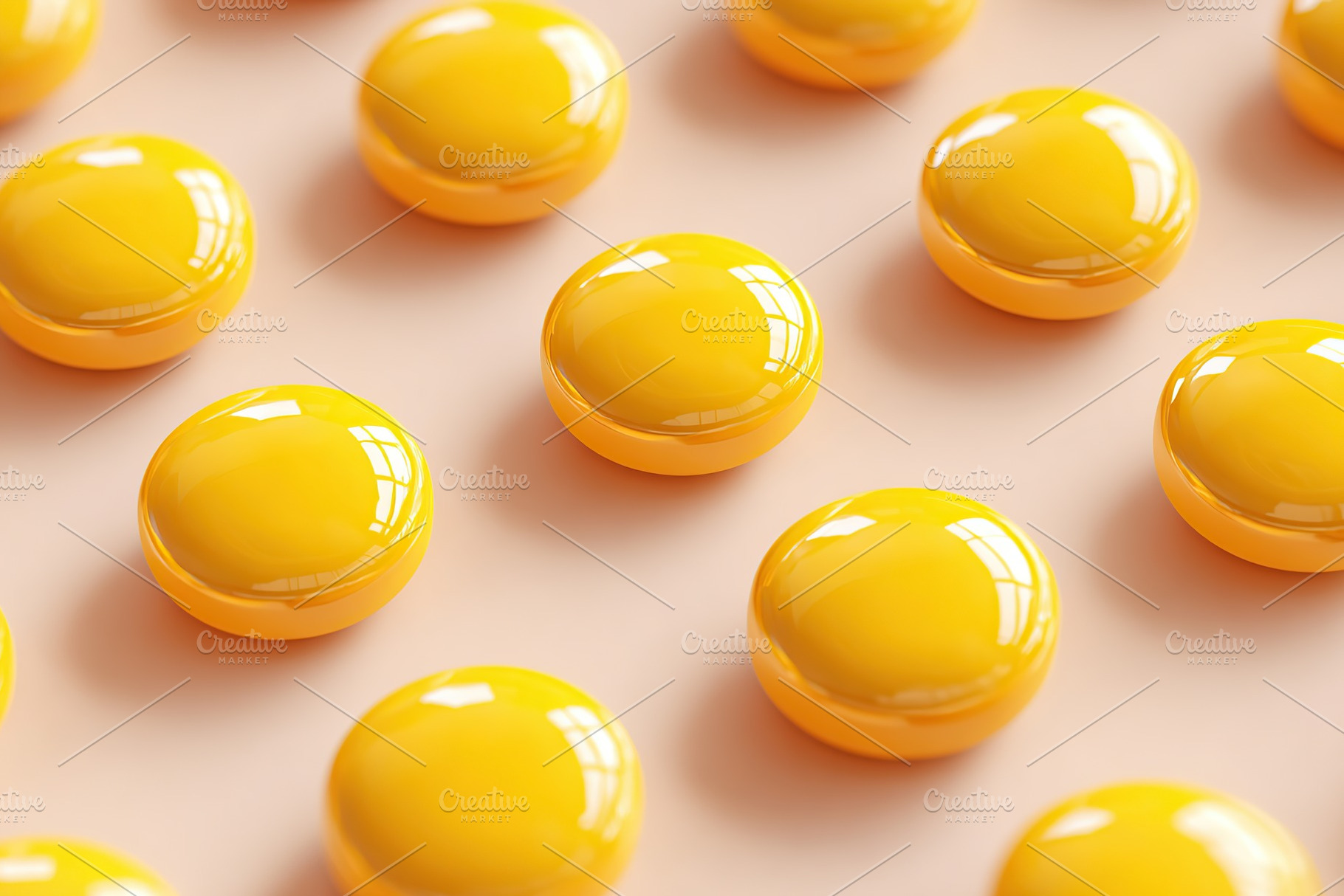 Bright yellow glossy buttons arranged in a pattern on a soft surface in natural, a Photo by AlyaAnd