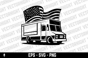 Retro food truck with american flag., a Food Illustration by Vectorhight