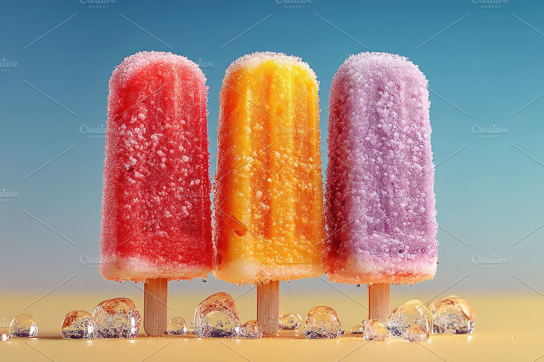 Colorful frozen fruit popsicles with ice crystals on bright summ, a Beauty & Fashion Photo by José Manuel Gelpi