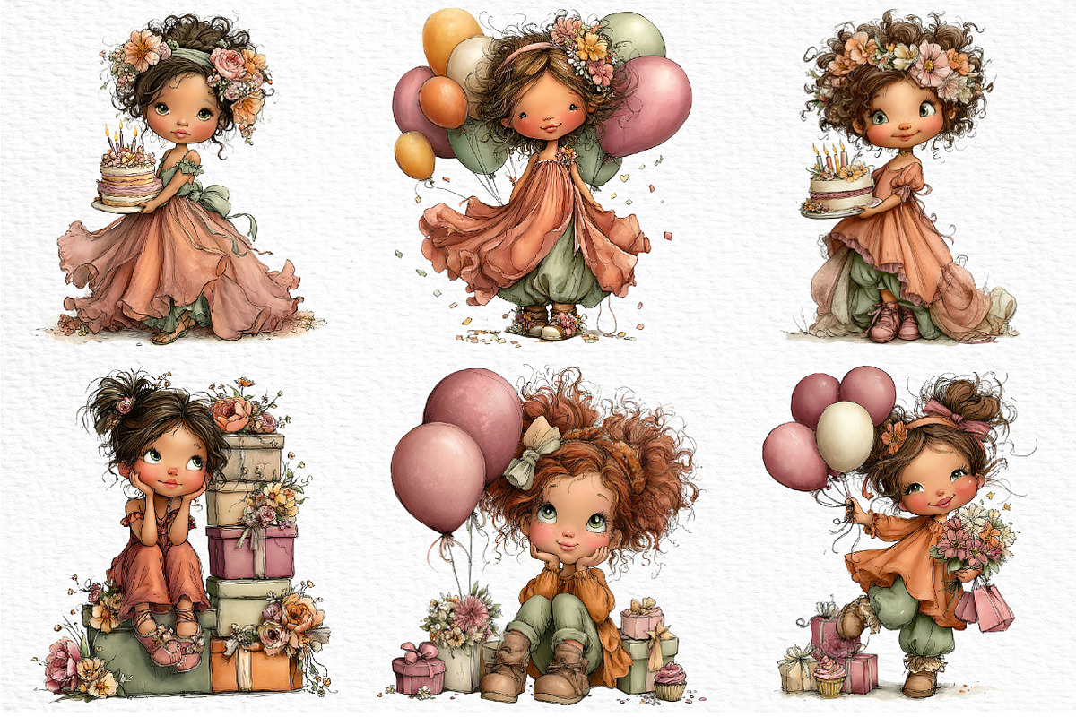 Whimsical Birthday Girls Clipart, a Seasonal Illustration by Craft Nest (Photo 6 of 6)