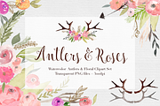 Antlers & Roses Watercolor Clipart, an Illustration by The Autumn Rabbit Ltd (Thumbnail 1 of 3)