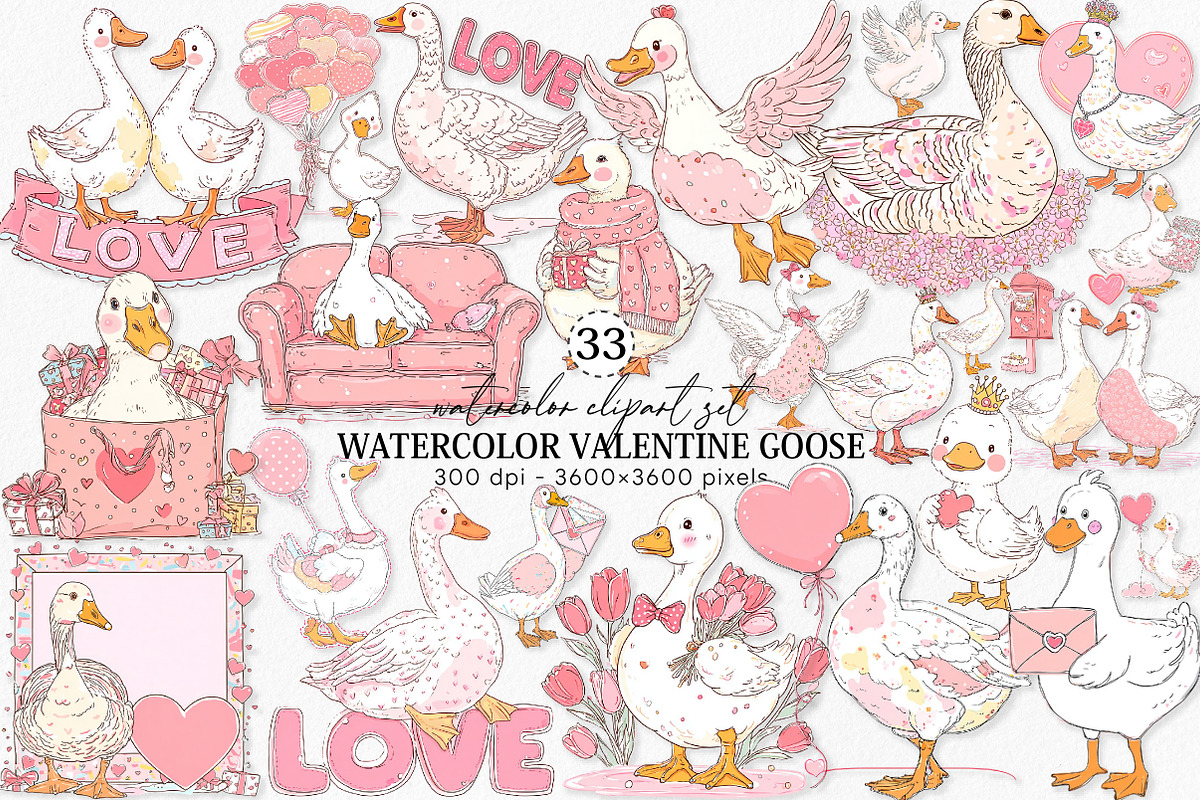 Watercolor Valentine Goose Clipart, an Illustration by Canvas Craft (Photo 1 of 6)