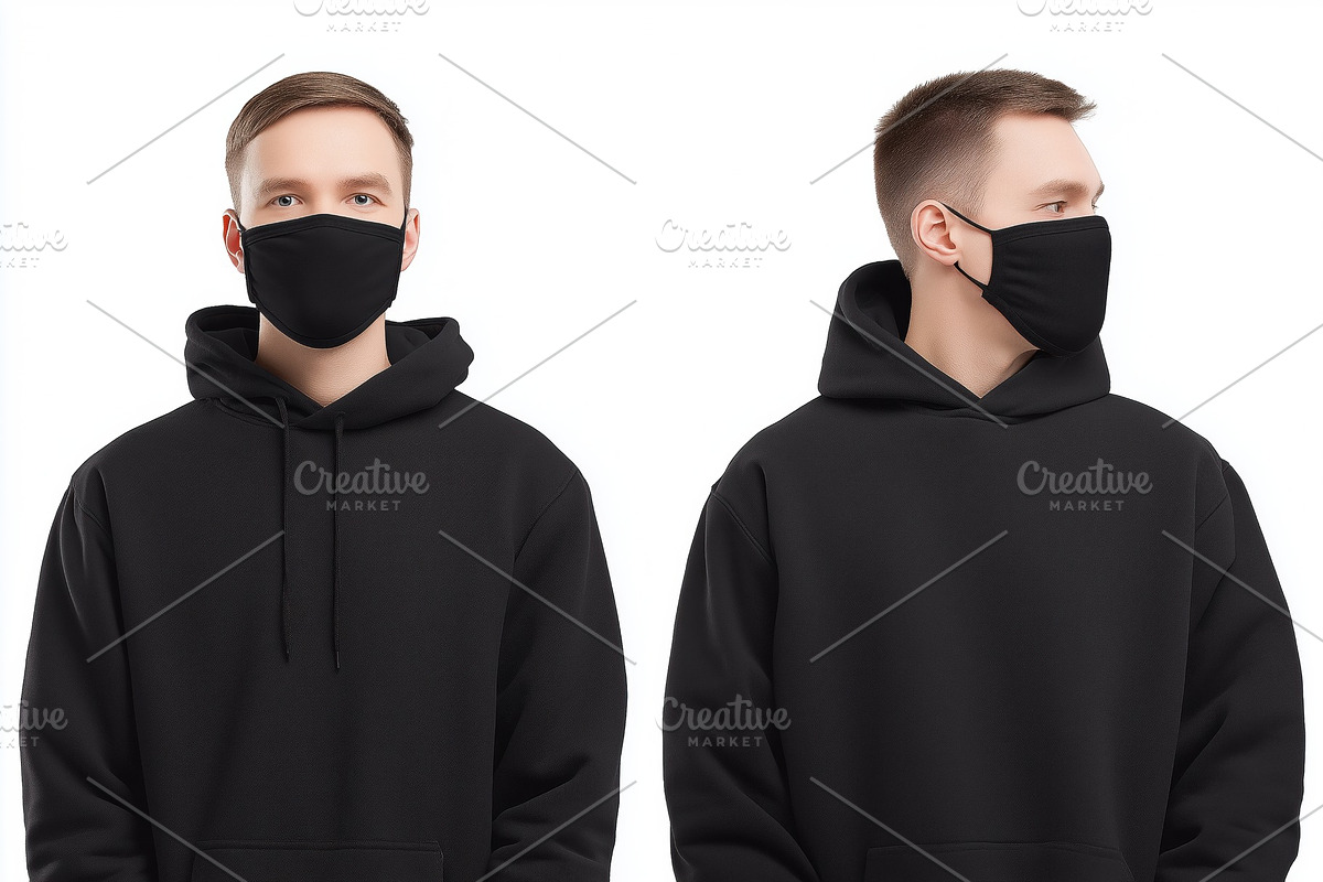 A young man wearing a black hoodie and a black face mask mockup, shown from two, a Mask Mockup by Textures & Backgrounds