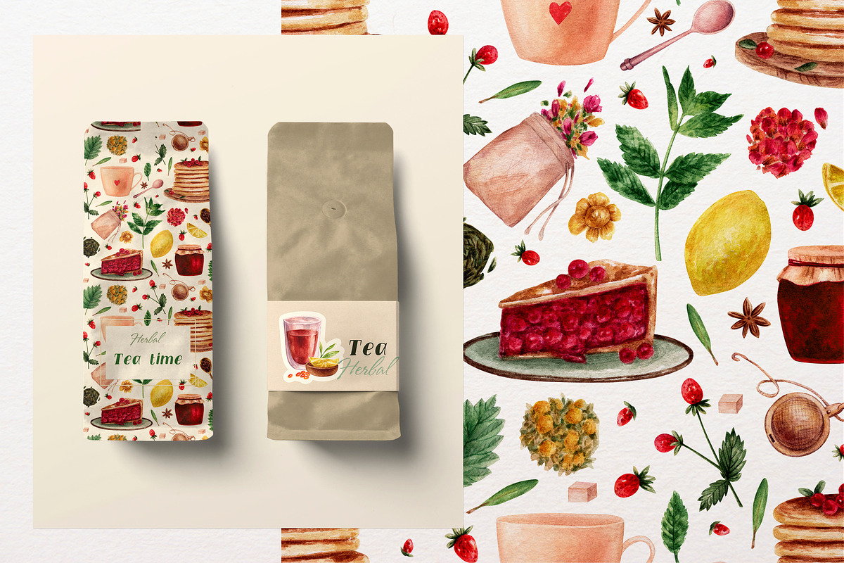 Tea and berry pie watercolor set, a Food Illustration by a_ptichkina (Photo 5 of 6)