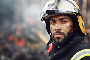 Firefighter facing camera with determined expression, emergency, a Photo by Dvoevnore photos