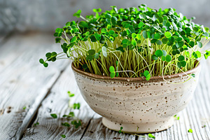 Microgreen broccoli in bowl on wooden background, a Food & Drink Photo by AlyaAnd