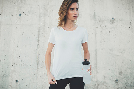 Mockup of blank white tshirt featuring active, fitness girl, and clothing, a Sports & Recreation Photo by ImYanis