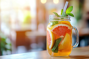 Ice tea with mint and slices of ripe fruits, a Food & Drink Photo by AlyaAnd