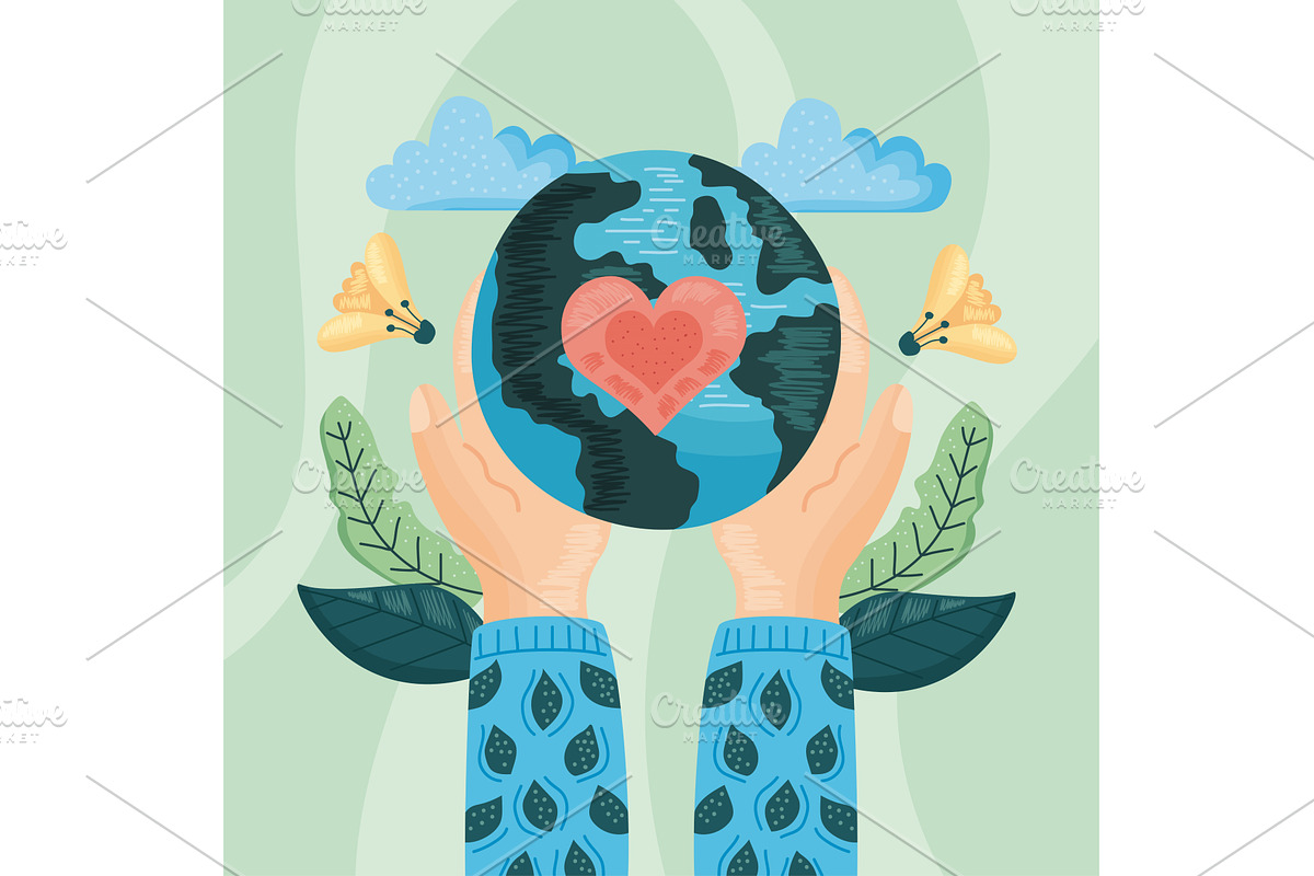 ecology hands lifting earth, an Illustration by studiogstock