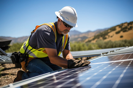 Worker installing solar panels, renewable energy, an Industrial Photo by Antonina Vlasova
