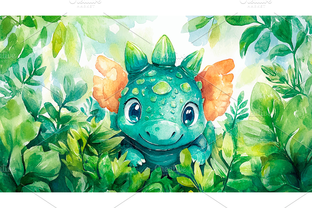 Cute Ceratopsian Hiding Behind Bush, an Animal Illustration by LadadikArt
