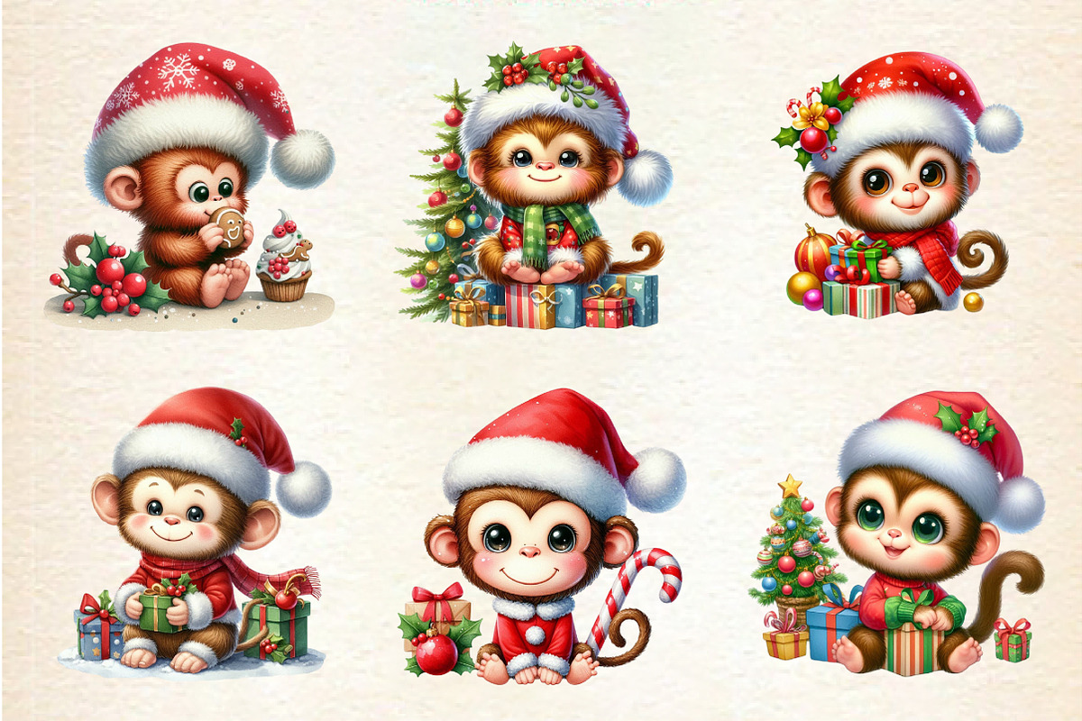 Christmas Monkey Clipart, an Illustration by DreamArtGraphic (Photo 4 of 6)