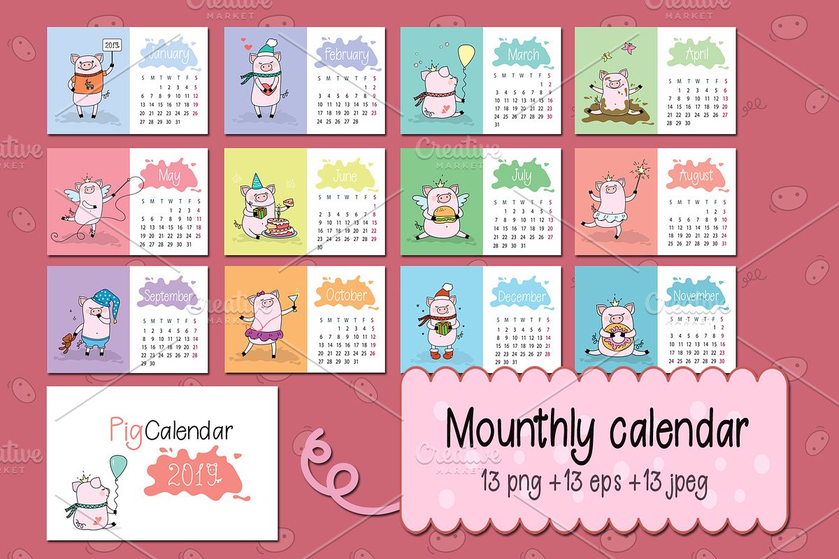 Calendar for Year 2019 with pigs, an Animal Illustration by naum_studio (Photo 1 of 4)