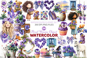 Watercolor Floral Pansies Clipart, an Illustration by Designworld