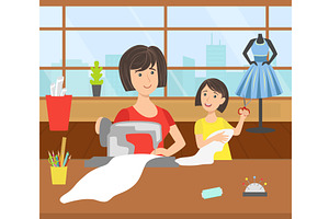 Mother and Her Daughter Sewing, a Person Illustration by TopVectors