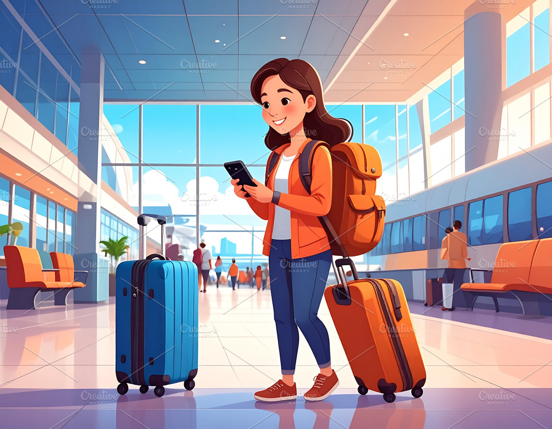 Young woman with luggage at the airport terminal illustration, a Person Photo by DanFLCreativo