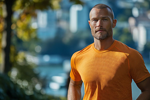 Fit Caucasian male in an orange shirt running outdoors, showcasing determinatio, a Person Photo by ImageMir
