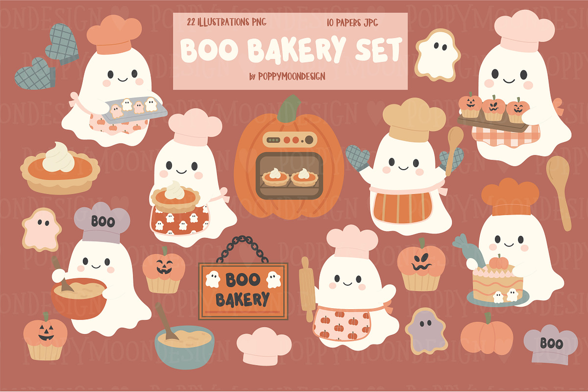 Boo Bakery clipart & pattern set, an Illustration by Poppymoondesign (Photo 1 of 5)