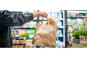 Customer Holding Grocery Bag with, a Food & Drink Photo by piter.goskov