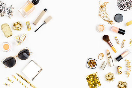 Cosmetics arrangement stock photo containing gold and golden, a Beauty & Fashion Photo by Maria Igisheva