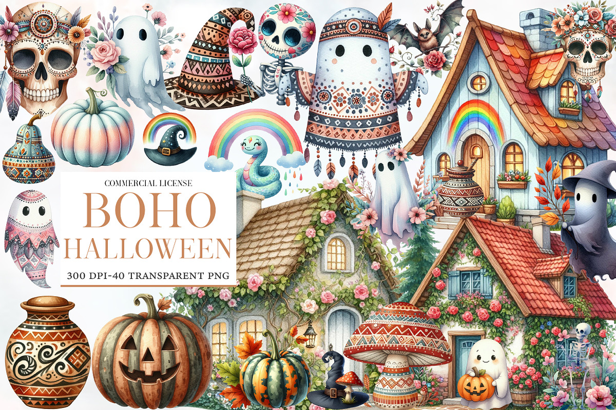 Boho Halloween Clipart Bundle, an Illustration by Designworld (Photo 1 of 5)