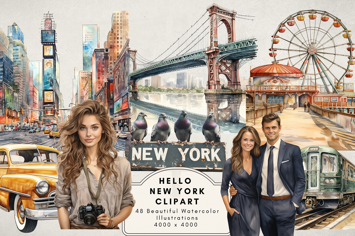 Watercolor New York Tour Cliparts, an Illustration by NadiaTheronArt (Photo 1 of 5)