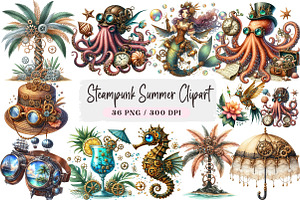 Steampunk Summer Clipart Bundle, a Seasonal Illustration by DreamArtGraphic