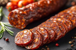 Sliced cured sausage on a slate board, garnished with fresh herb, a Food & Drink Photo by ImageMir