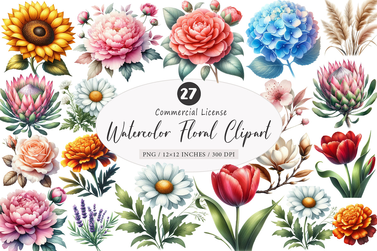 Watercolor Floral Clipart Bundle, an Illustration by SinaCreation (Photo 1 of 5)