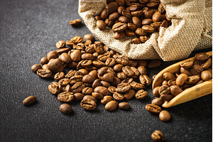 Roasted coffee beans in burlap bag., a Food & Drink Photo by Nadia-nb