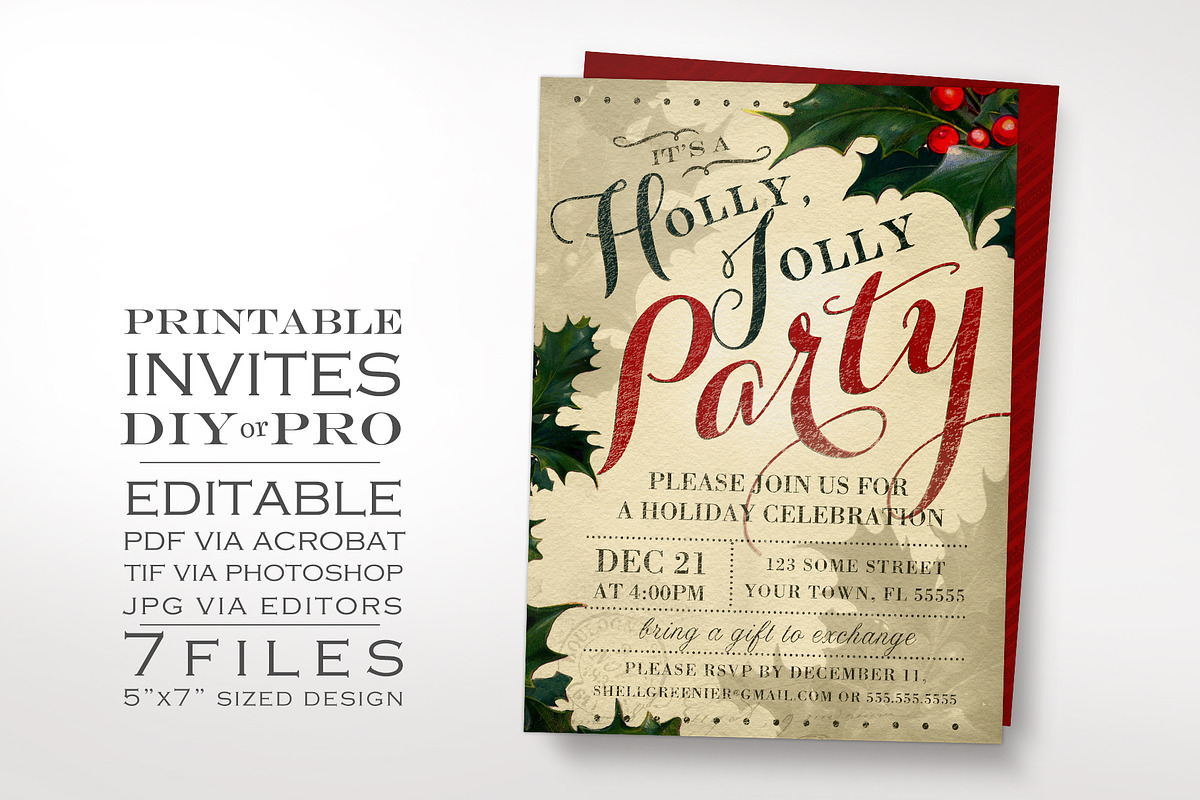 Vintage Christmas Invitation Holly, an Invitation Template by The Geekery Store