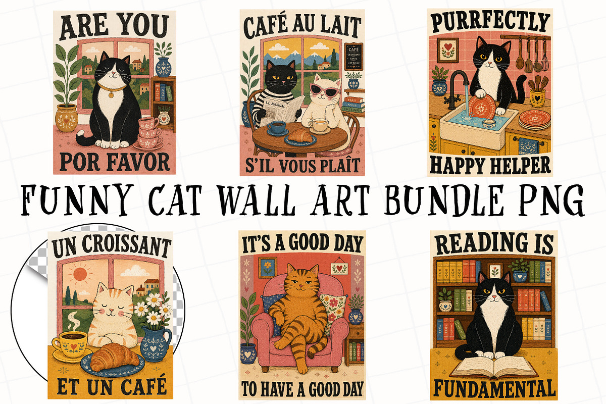 Funny Cat Wall Art Bundle PNG, a Seasonal Illustration by OK Design (Photo 2 of 3)