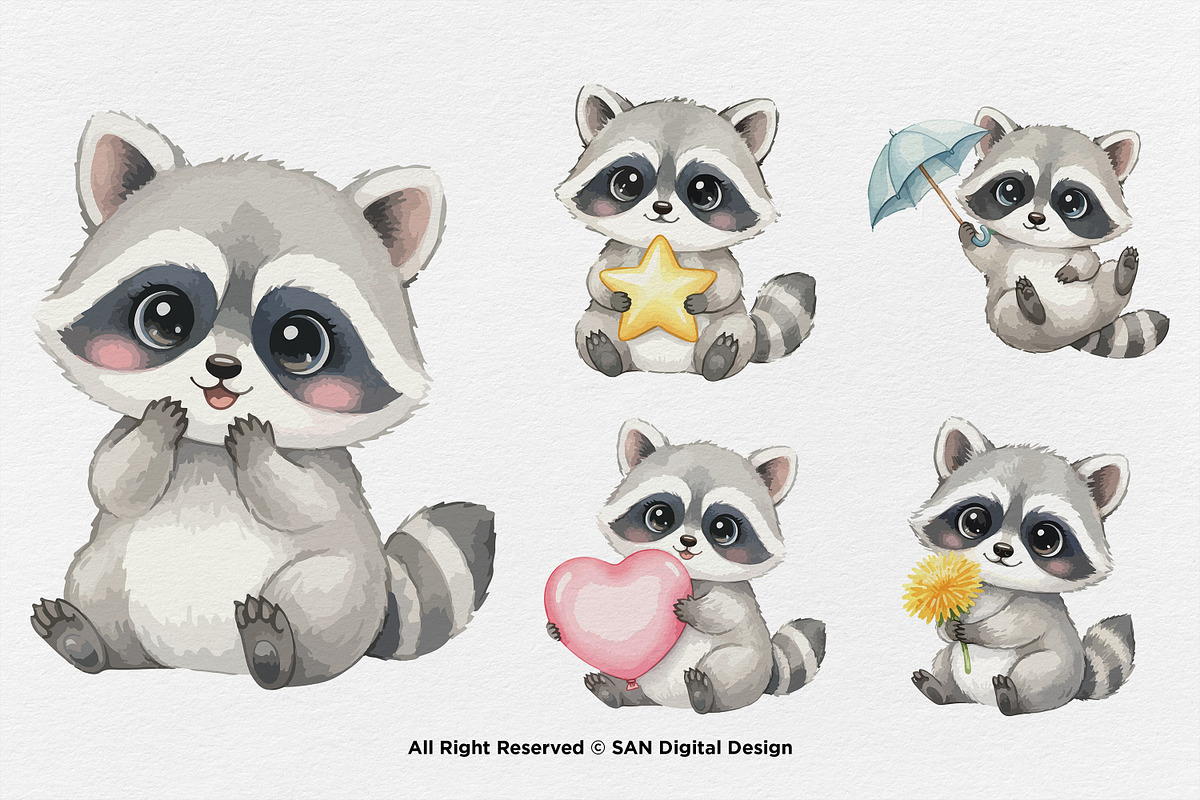 15 Bundle Watercolor Baby Raccoon, an Animal Illustration by Morspective (Photo 5 of 8)