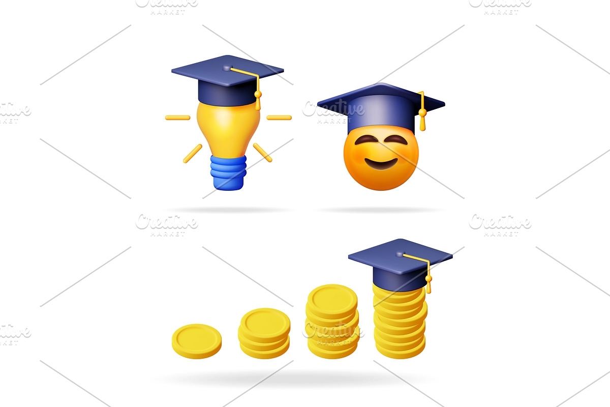 Graduation cap on bulb, emoji, coins, an Object Illustration by Abscent