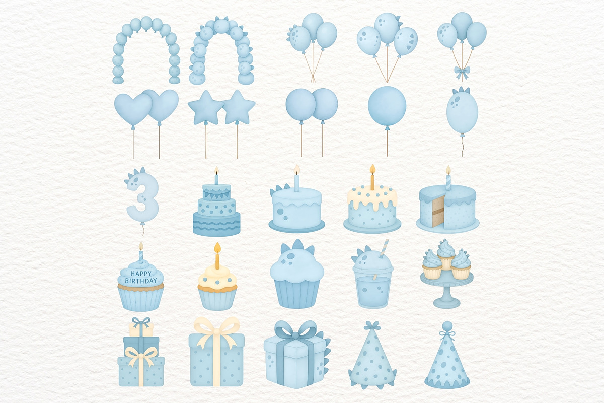 Blue Birthday Dino Clipart Set, an Illustration by Nicolle's Colorful Art (Photo 5 of 6)