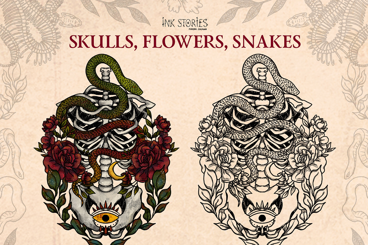 Skulls, Flowers and Snakes | Vintage, a Decorative Illustration by Ink Stories (Photo 5 of 12)